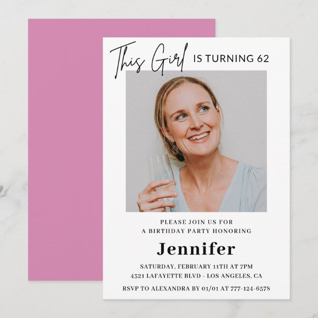 Elegant Modern Pink Photo 62nd birthday Invitation (Front/Back)