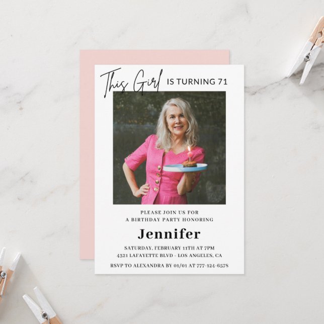 Elegant Modern Pink Photo 71st birthday Invitation (Front/Back In Situ)