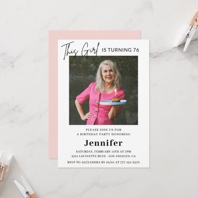 Elegant Modern Pink Photo 76th birthday Invitation (Front/Back In Situ)