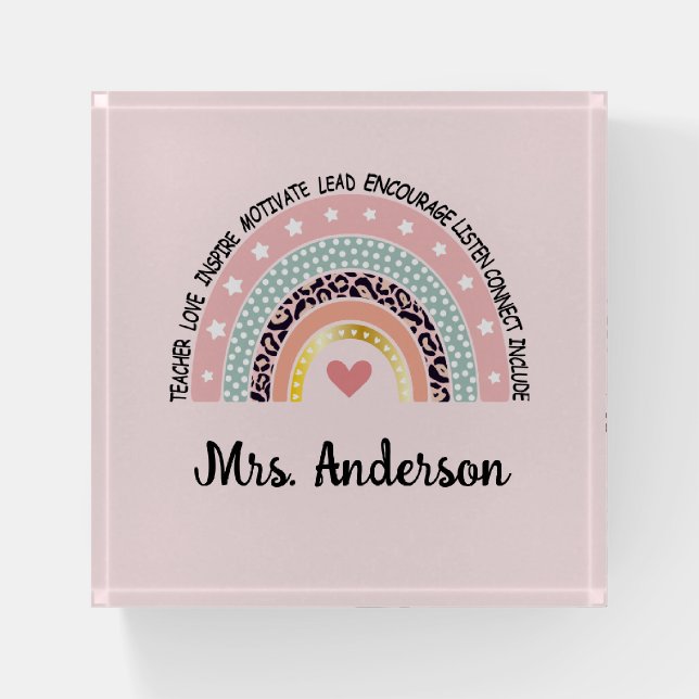 Elegant Modern Pink Rainbow Teacher Monogram Paperweight (Front)