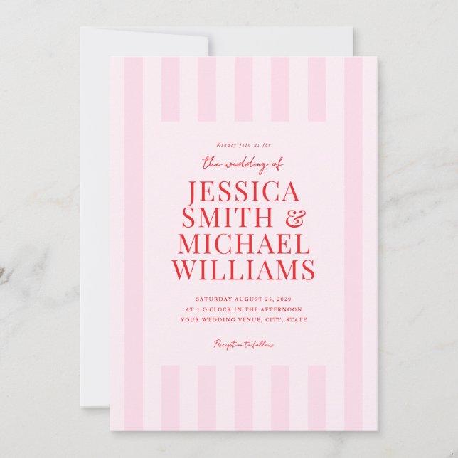 Elegant Modern Pink Red Striped Wedding Invitation (Front)