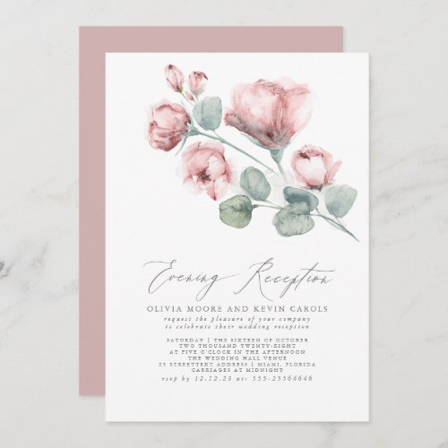 Elegant Modern Pink Rose Floral Evening Reception Invitation