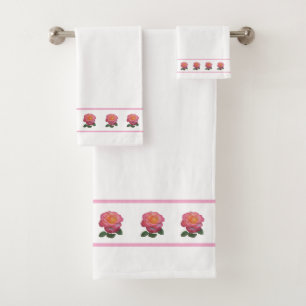Elegant, Modern Pink Rose Flowers on White Bath Towel Set