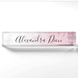 Elegant modern pink rose gold glitter marble desk name plate