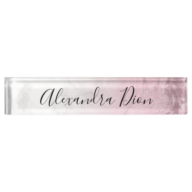 Elegant modern pink rose gold glitter marble desk name plate (Front)