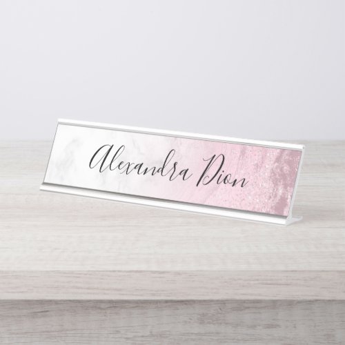 Elegant modern pink rose gold glitter marble desk name plate