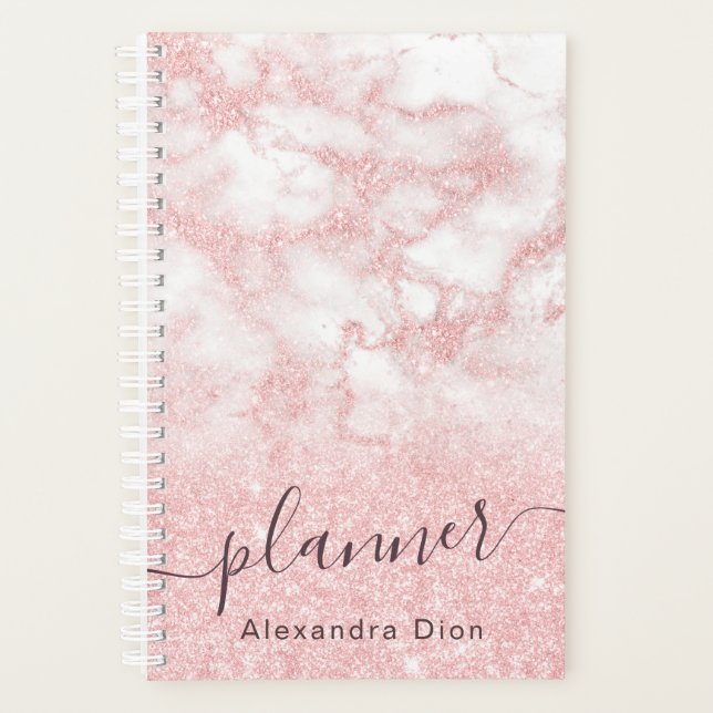 Elegant modern pink rose gold glitter marble planner (Front)