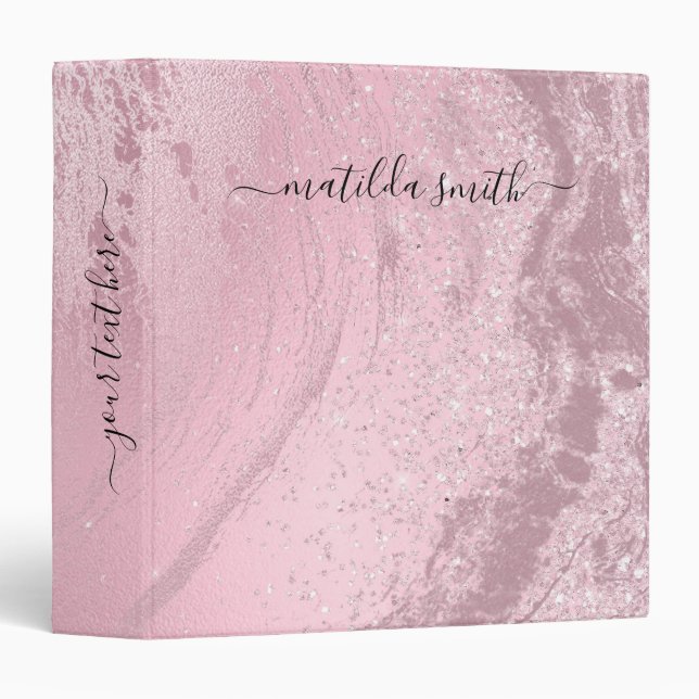 Elegant modern pink rose gold marble glitter 3 ring binder (Front/Spine)