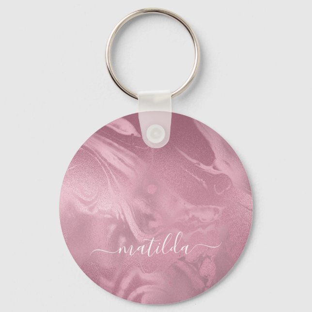 Elegant modern pink rose gold marble look keychain (Front)