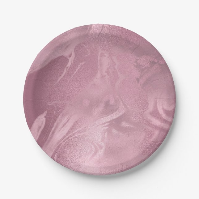 Elegant modern pink rose gold marble look paper plates (Front)