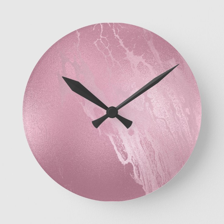 Elegant modern pink rose gold marble look round clock | Zazzle