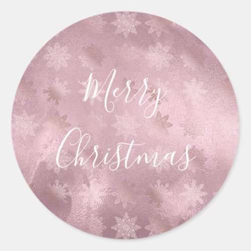 Elegant modern pink rose gold marble snowflakes classic round sticker