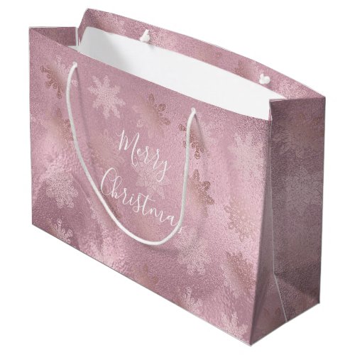 Elegant modern pink rose gold marble snowflakes large gift bag