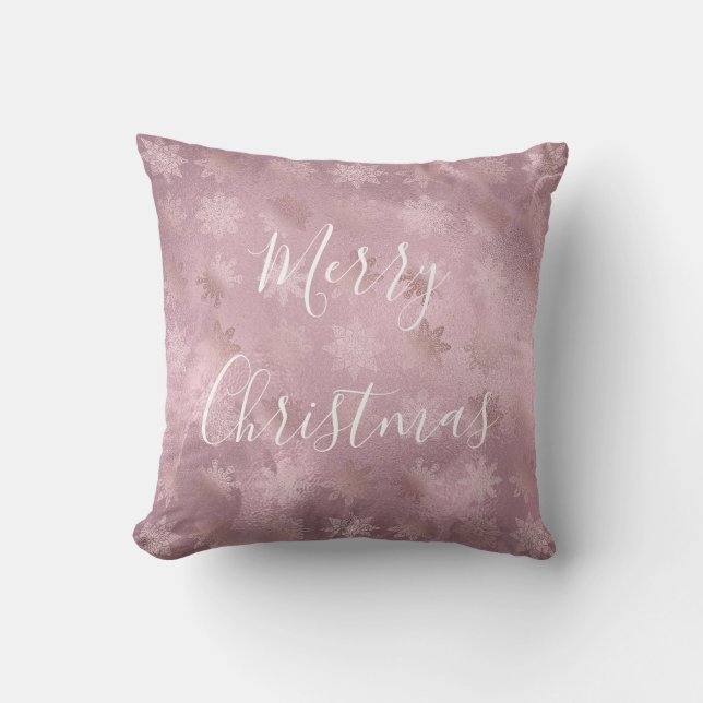 Elegant modern pink rose gold marble snowflakes throw pillow (Front)