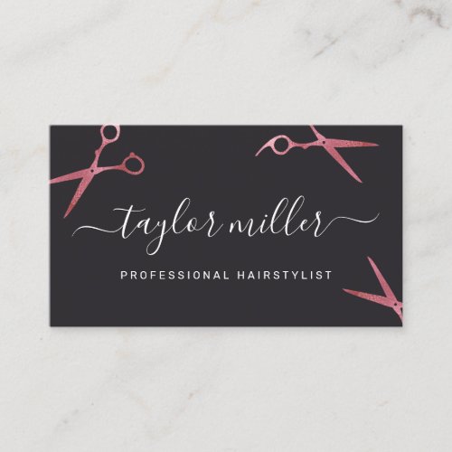 Elegant modern pink rose gold scissors hairstylist business card