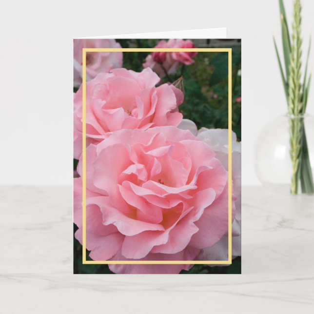 Elegant Modern Pink Roses Flowers Photo Gold Frame Card (Front)