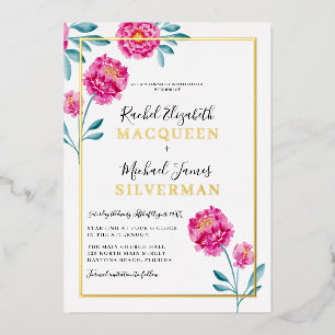 Elegant Modern Pink Teal Floral Border Wedding Foil Invitation