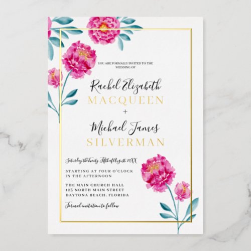 Elegant Modern Pink Teal Floral Border Wedding Foil Invitation