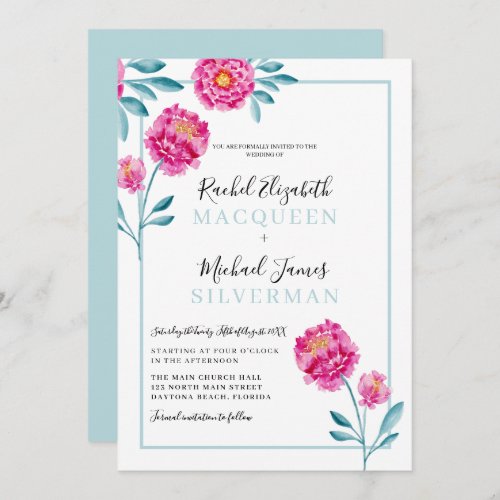 Elegant Modern Pink Teal Floral Border Wedding Invitation