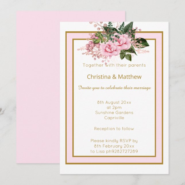 ELEGANT MODERN PINK WHITE GOLD FLORAL WEDDING INVITATION (Front/Back)