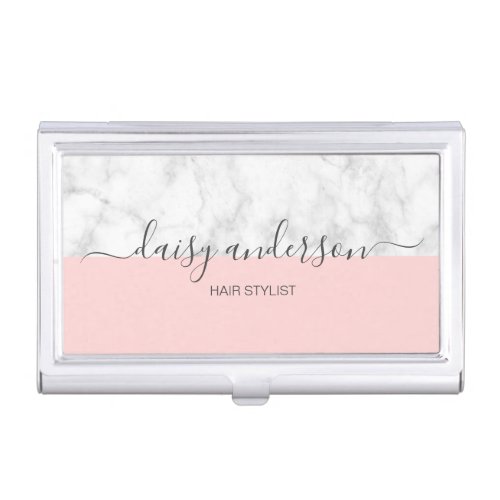 Elegant modern pink  white marble hair stylist business card case