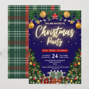 Elegant Modern Plaid Green Christmas Party  Invitation