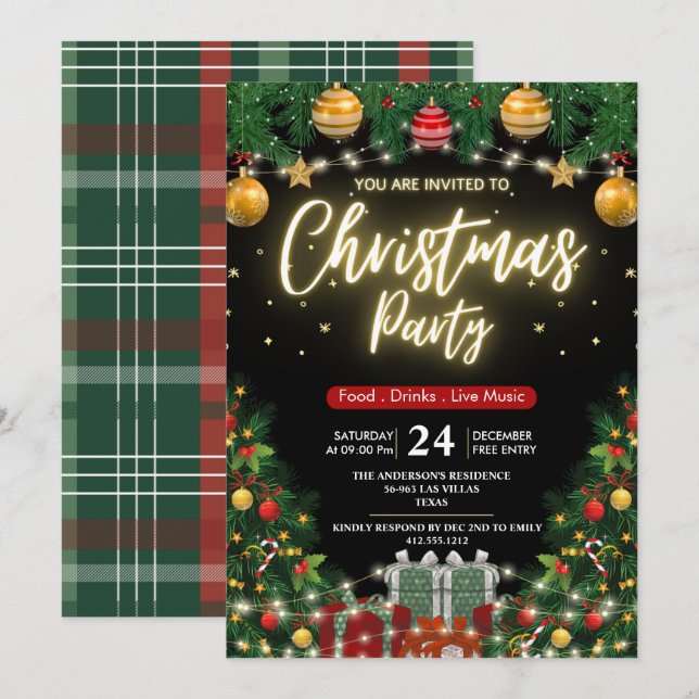 Elegant Modern Plaid Green Christmas Party  Invitation (Front/Back)