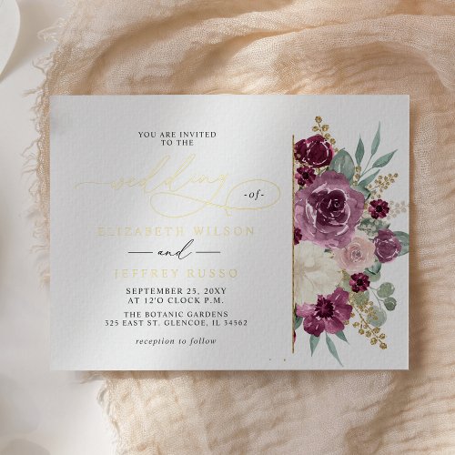 Elegant Modern Plum Gold Botanical Floral Wedding Foil Invitation