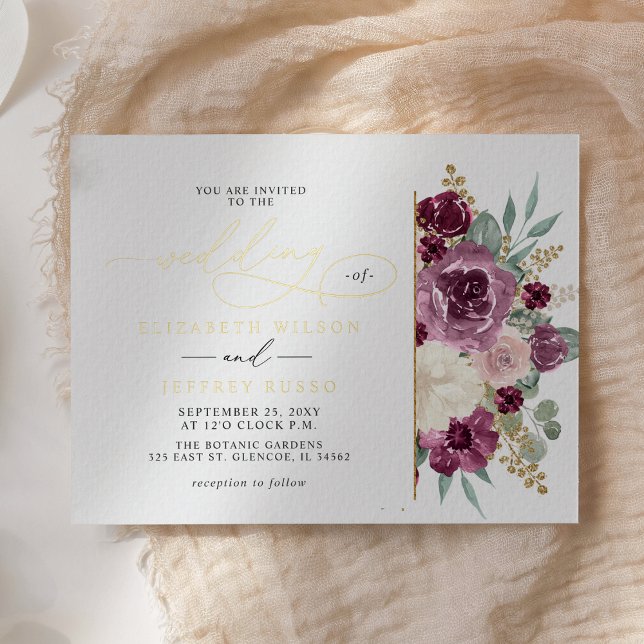 Elegant Modern Plum Gold Botanical Floral Wedding Foil Invitation (Elegant Modern Plum Gold Botanical Floral Wedding Foil Invitation)
