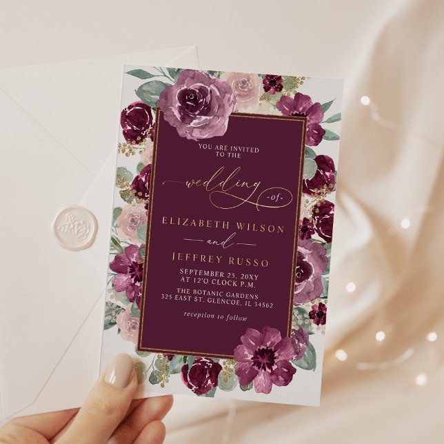 Elegant Modern Plum Gold Botanical Floral Wedding Foil Invitation (Elegant Modern Plum Gold Botanical Floral Wedding Foil Invitation)