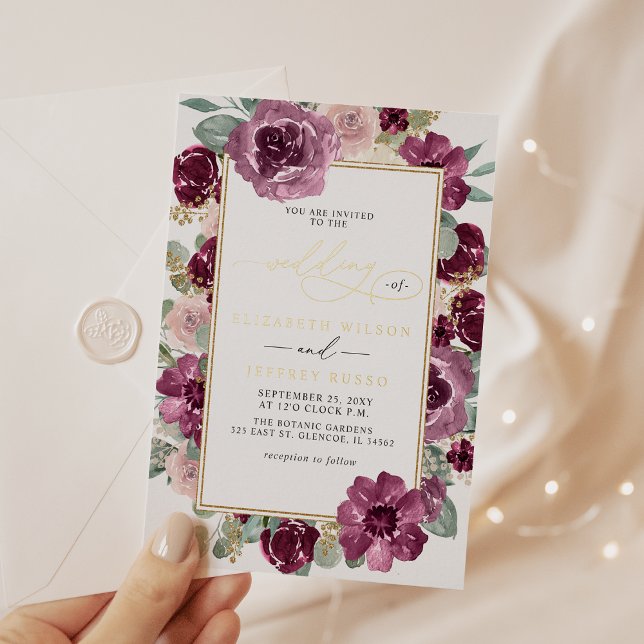 Elegant Modern Plum Gold Botanical Floral Wedding Foil Invitation (Elegant Modern Plum Gold Botanical Floral Wedding Foil Invitation)