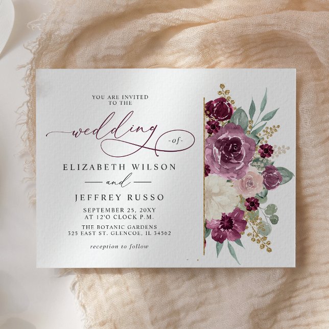 Elegant Modern Plum Gold Botanical Floral Wedding Invitation (Elegant Modern Plum Gold Botanical Floral Wedding Invitation)