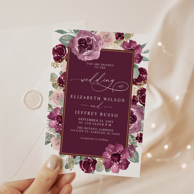 Elegant Modern Plum Gold Botanical Floral Wedding Invitation (Elegant Modern Plum Gold Botanical Floral Wedding Invitation)