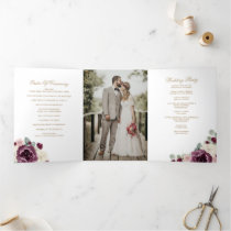 Elegant Modern Plum Gold Botanical Floral Wedding  Tri-Fold Program