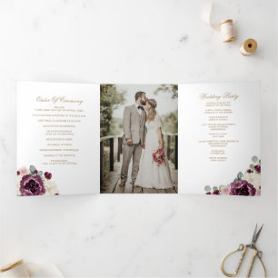 Elegant Modern Plum Gold Botanical Floral Wedding Tri-Fold Program