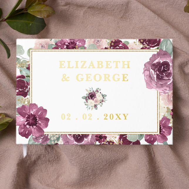 Elegant Modern Plum Gold Floral Wedding Foil Guest Book (Elegant Modern Plum Gold Floral Wedding Guest Book)