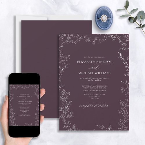 Elegant Modern Plum Purple Minimal Leaf Wedding Invitation