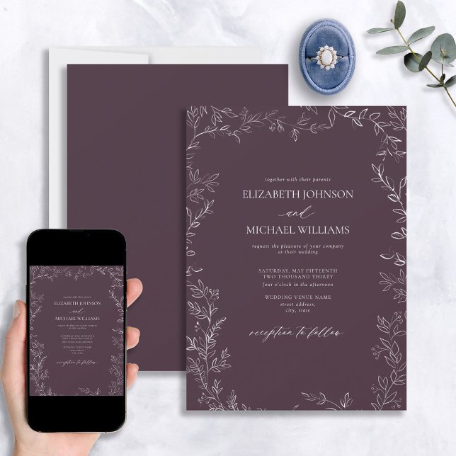 Elegant Modern Plum Purple Minimal Leaf Wedding Invitation (Creator Uploaded)