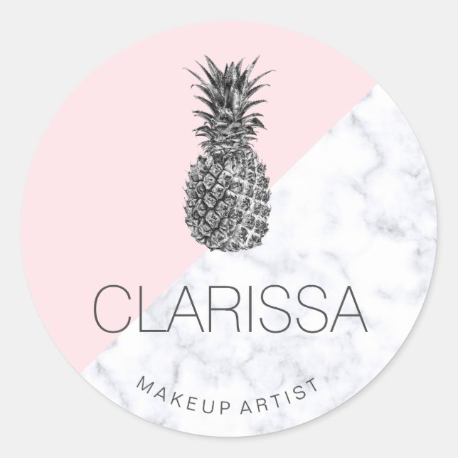 Elegant modern pretty silver pink pineapple makeup classic round sticker (Front)