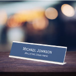 Elegant Modern Professional Business Office Title Desk Name Plate<br><div class="desc">Custom, personalized, professional, modern, classy, stylish, elegant, business office silver classic blue and white script / typography, metal desk sign name plate. To customize, simply type in your full name and designation / title. While you personalize, you'll be able to see a preview throughout. Perfect for small business, office, consultants,...</div>