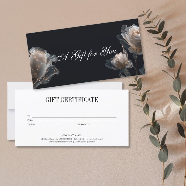 Elegant Modern Professional Gift Certificate (elegant glitter white rose on the black background, gift certificate)