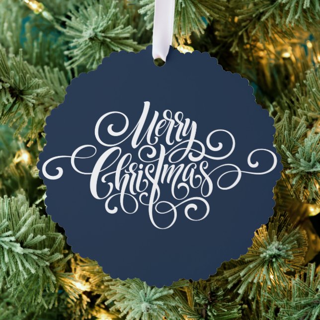 Elegant Modern Professional Merry Christmas Script Ornament Card (Insitu (Tree))