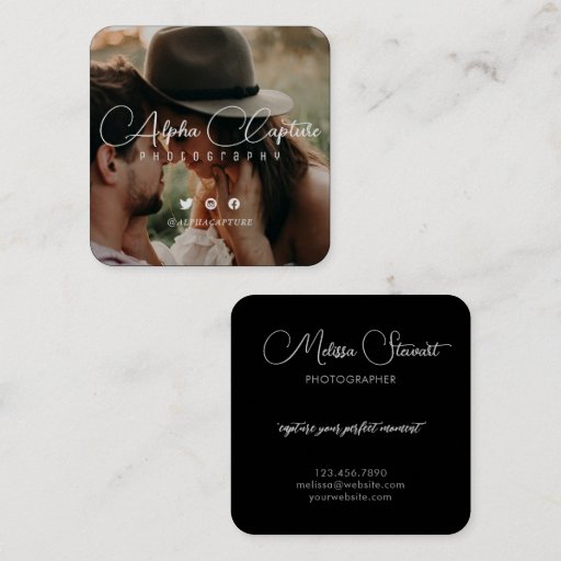 Customizable Elegant Modern Professional Script Photography Square Business Card
