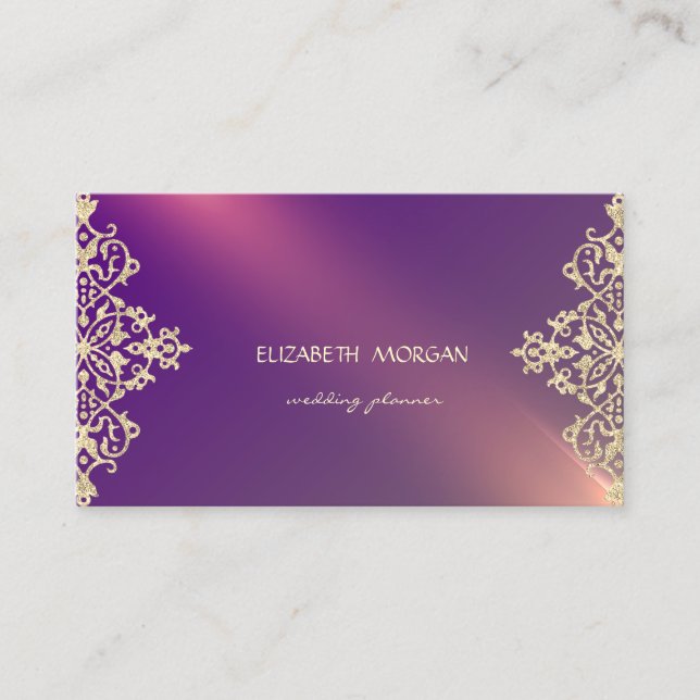 Elegant  Modern Professional Violet Gold Lace Business Card (Front)