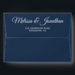 Elegant modern Prussian blue white script wedding Envelope<br><div class="desc">Create to match our "Delicate Orchids - Prussian Blue wedding suite", this envelope features the bride and groom's names and return address in a romantic and elegant white script over a Prussian blue background. The inside of the envelope features a classy dusty blue color. These envelopes can also be used...</div>