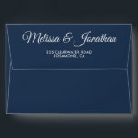 Elegant modern Prussian blue white script wedding Envelope<br><div class="desc">Create to match our "Delicate Orchids - Prussian Blue wedding suite", this envelope features the bride and groom's names and return address in a romantic and elegant white script over a Prussian blue background. The inside of the envelope features a classy dusty blue color. These envelopes can also be used...</div>