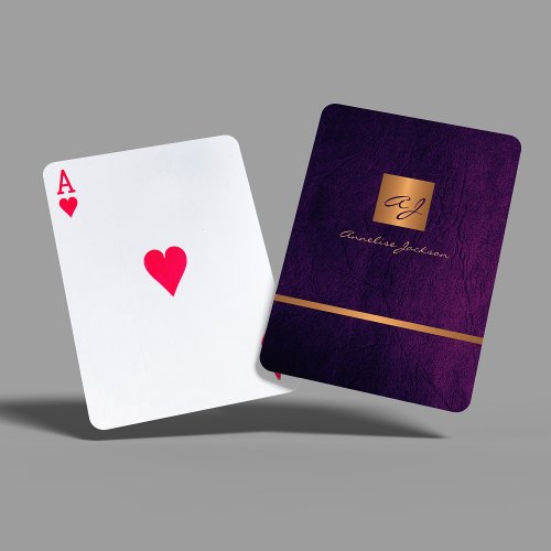 Elegant modern purple and gold monogrammed leather playing cards