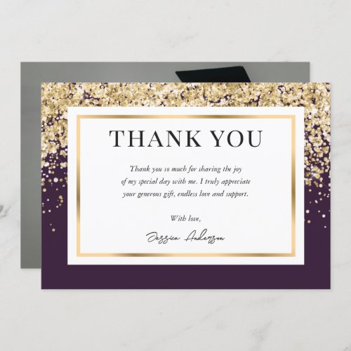 Elegant Modern Purple and Gold Photo Graduation Thank You Card