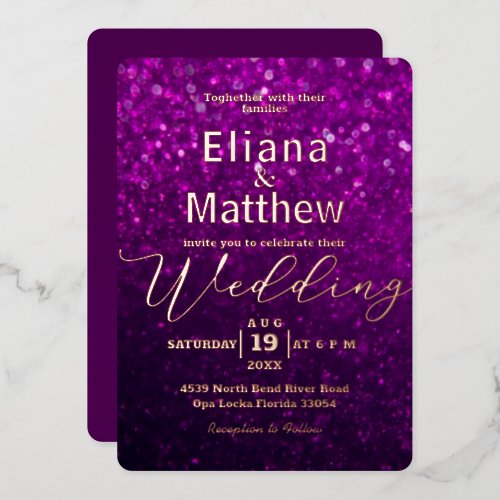 elegant modern purple Faux Glitter chic wedding Foil Invitation