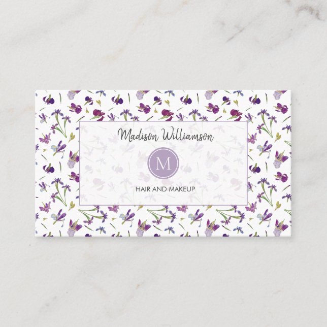 Elegant Modern Purple Floral Botanical Monogram Business Card (Front)